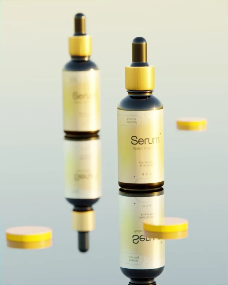 Havada süzülen sarı kapaklı iki serum şişesi ve yansımaları, 3D ürün render’ı