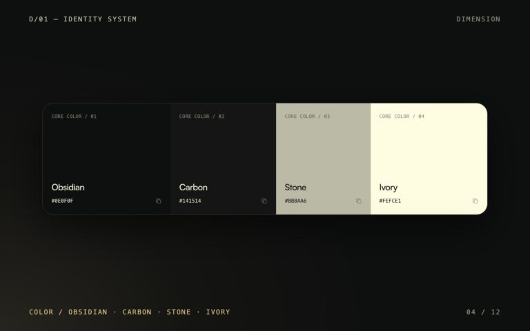 DIMENSION renk paleti: Obsidian, Carbon, Stone, Ivory