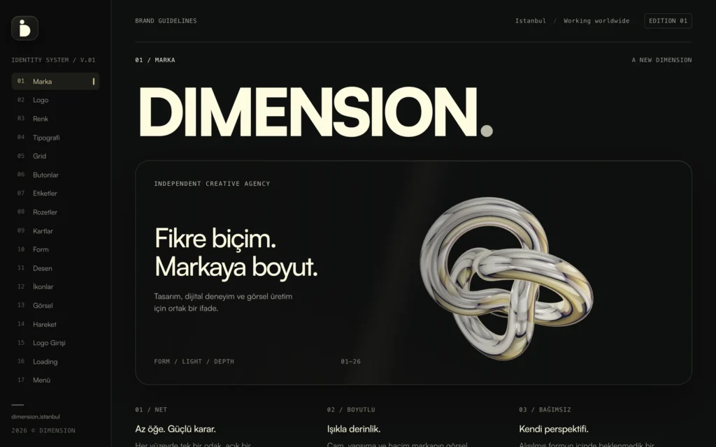 DIMENSION marka sistemi rehberinin masaüstü açılış ekranı: yan menü ve dönen 3D obje