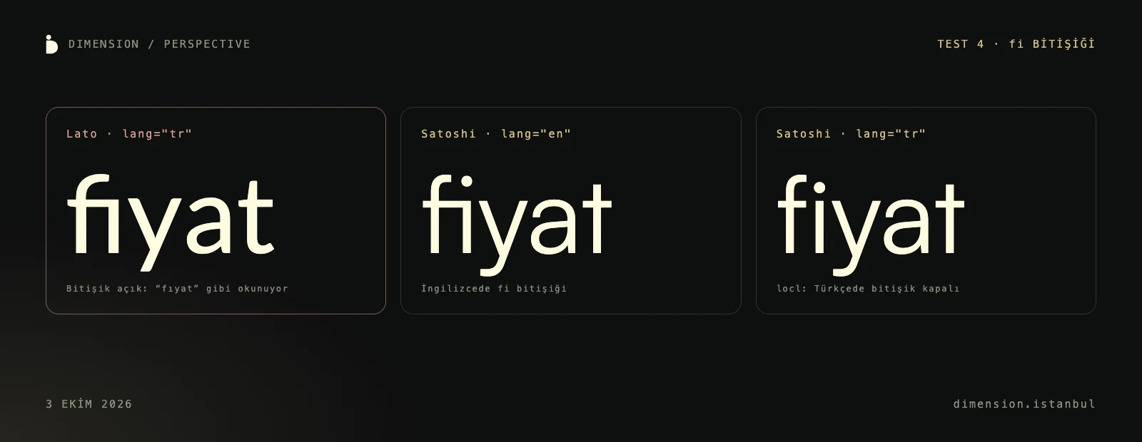 “fiyat” kelimesi üç kez: Lato’da Türkçe metinde fi bitişiği i’nin noktasını yutuyor, Satoshi’de bitişik Türkçede kapanıyor