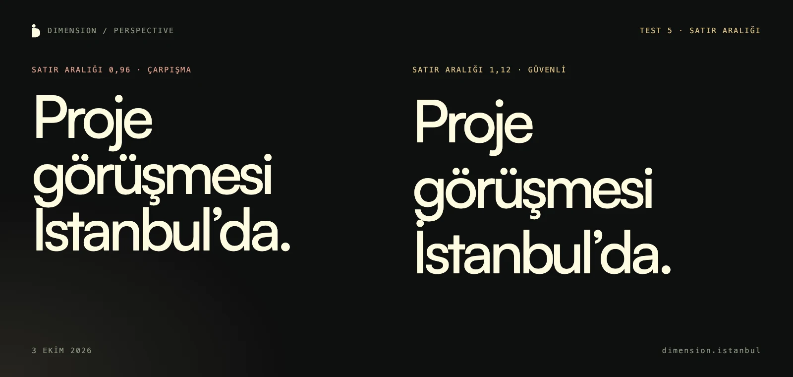 “Proje görüşmesi İstanbul’da” başlığı 0,96 ve 1,12 satır aralığıyla; sıkı olanda g kuyruğu İ’nin noktasına değiyor